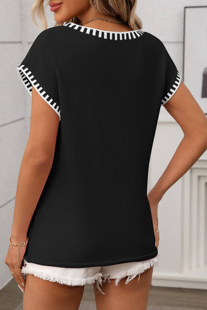 CWOSWS0132_V-NECK SHORT-SLEEVED STRIPED KNITTED SWEATER