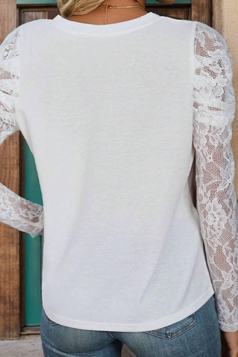 CWTBLL2430_FALL LACE PATCHWORK V-NECK LONG-SLEEVED TOP