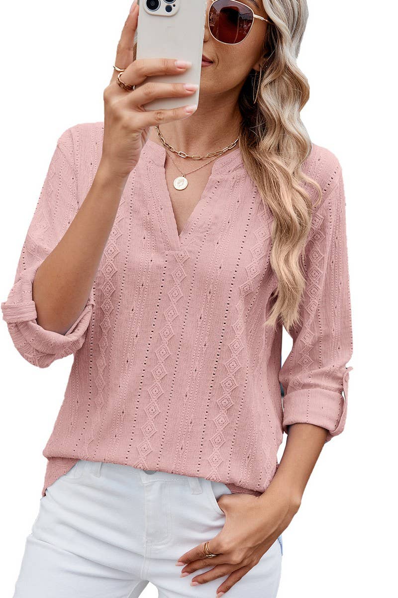 CWTTS1337_SUMMER V-NECK THREE-QUARTER SLEEVE BUTTON T-SHIRT