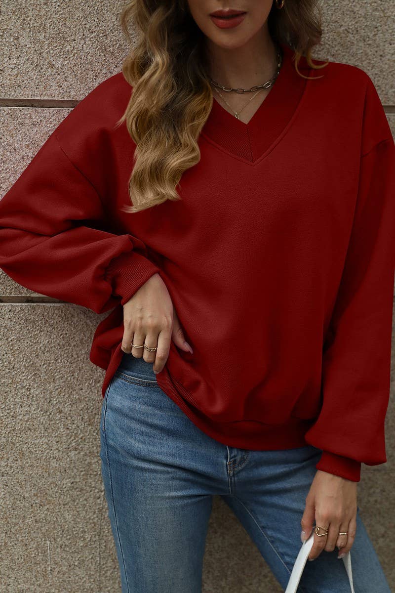 CWTBLL4011_SOLID V-NECK FLEECE LINED LOOSE FIT SWEATSHIRT