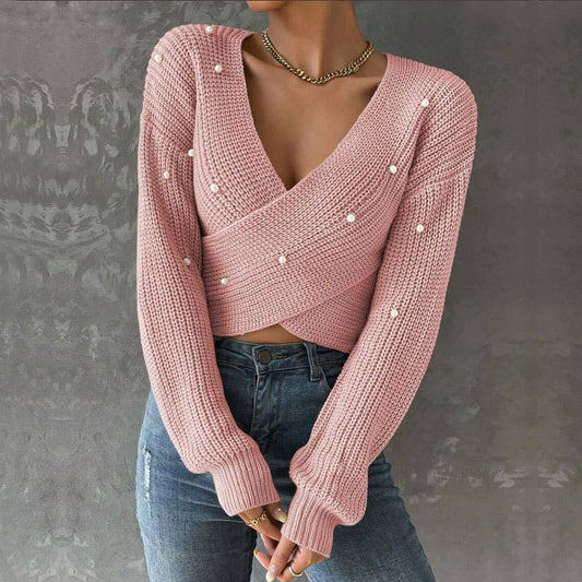 Beaded one-shoulder slimming knitted sweater