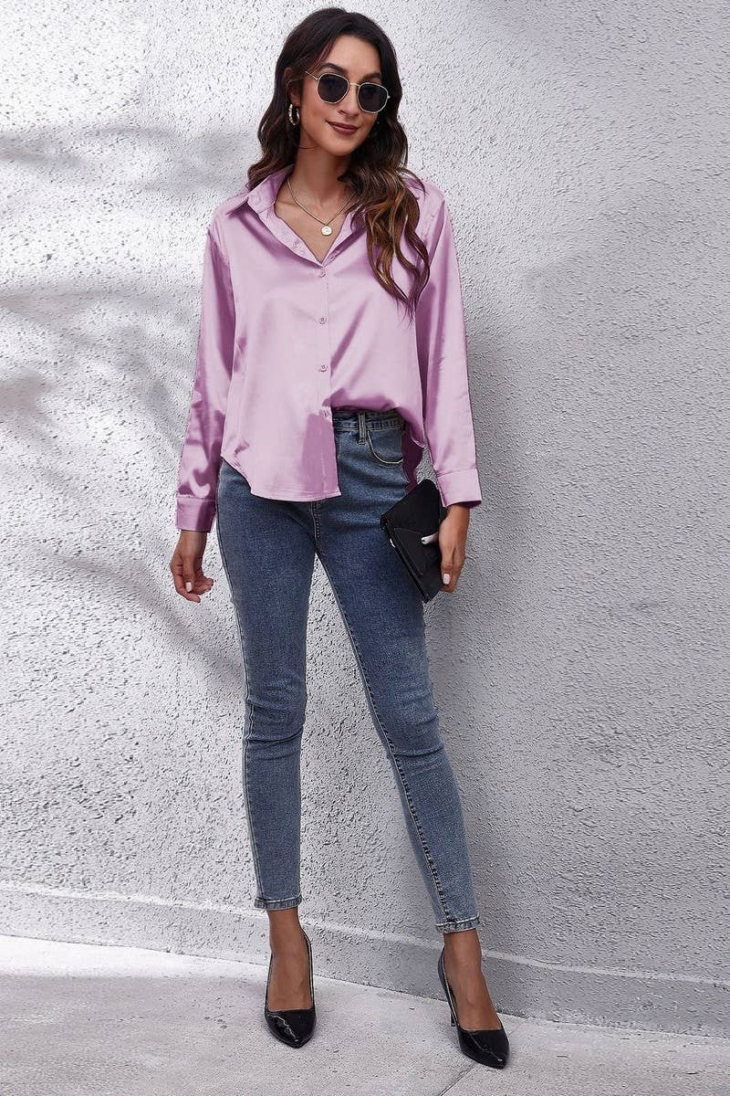 CWTBLL0691_Button Down Silky Satin Long Sleeve Top