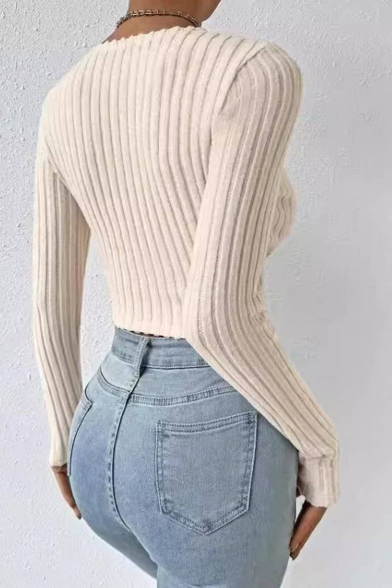 CWTBLL01085_DEEP V-NECK SLIM-FIT LONG-SLEEVED KNIT TOP