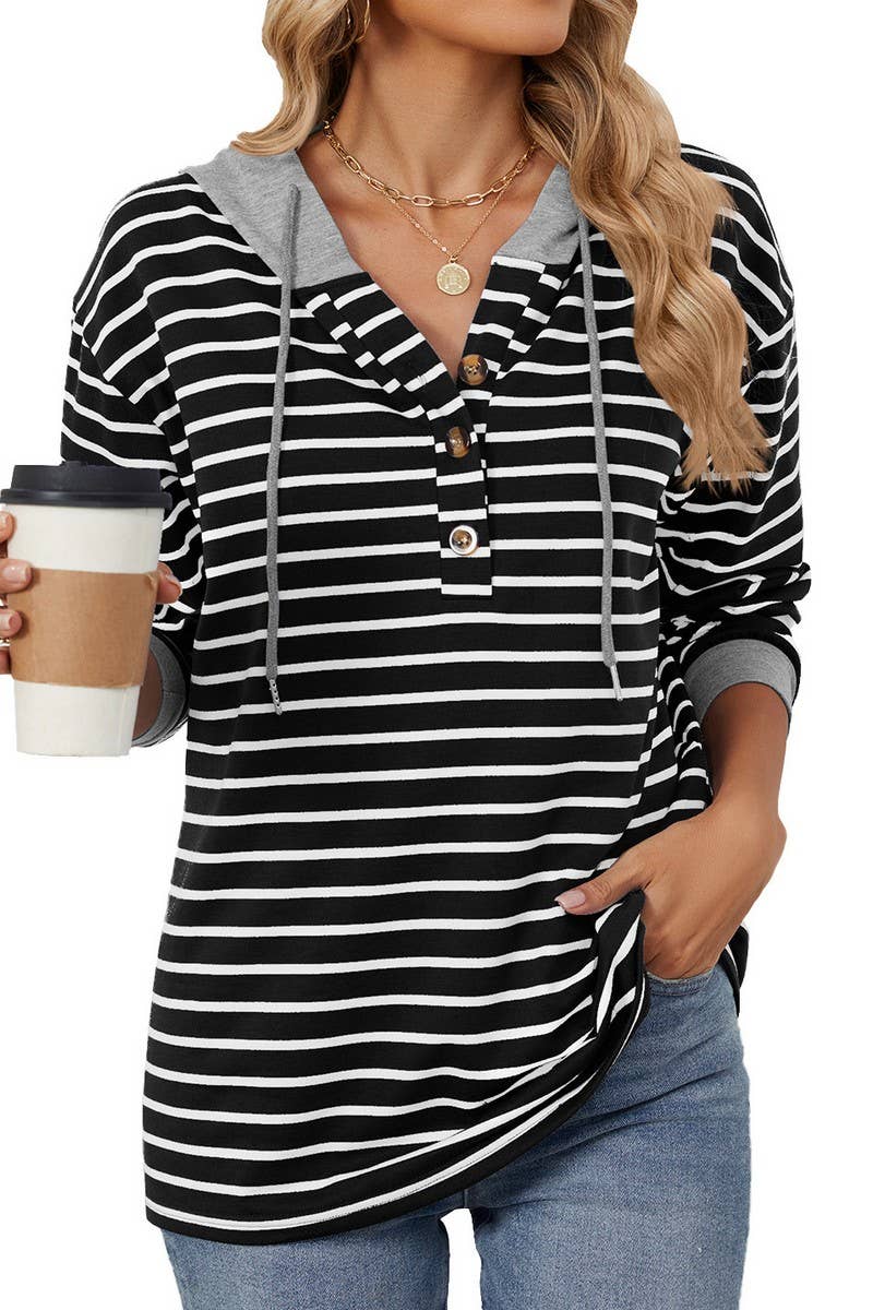 CWOHOL0719_HOODED BUTTON DRAWSTRING LONG SLEEVE SWEATSHIRT