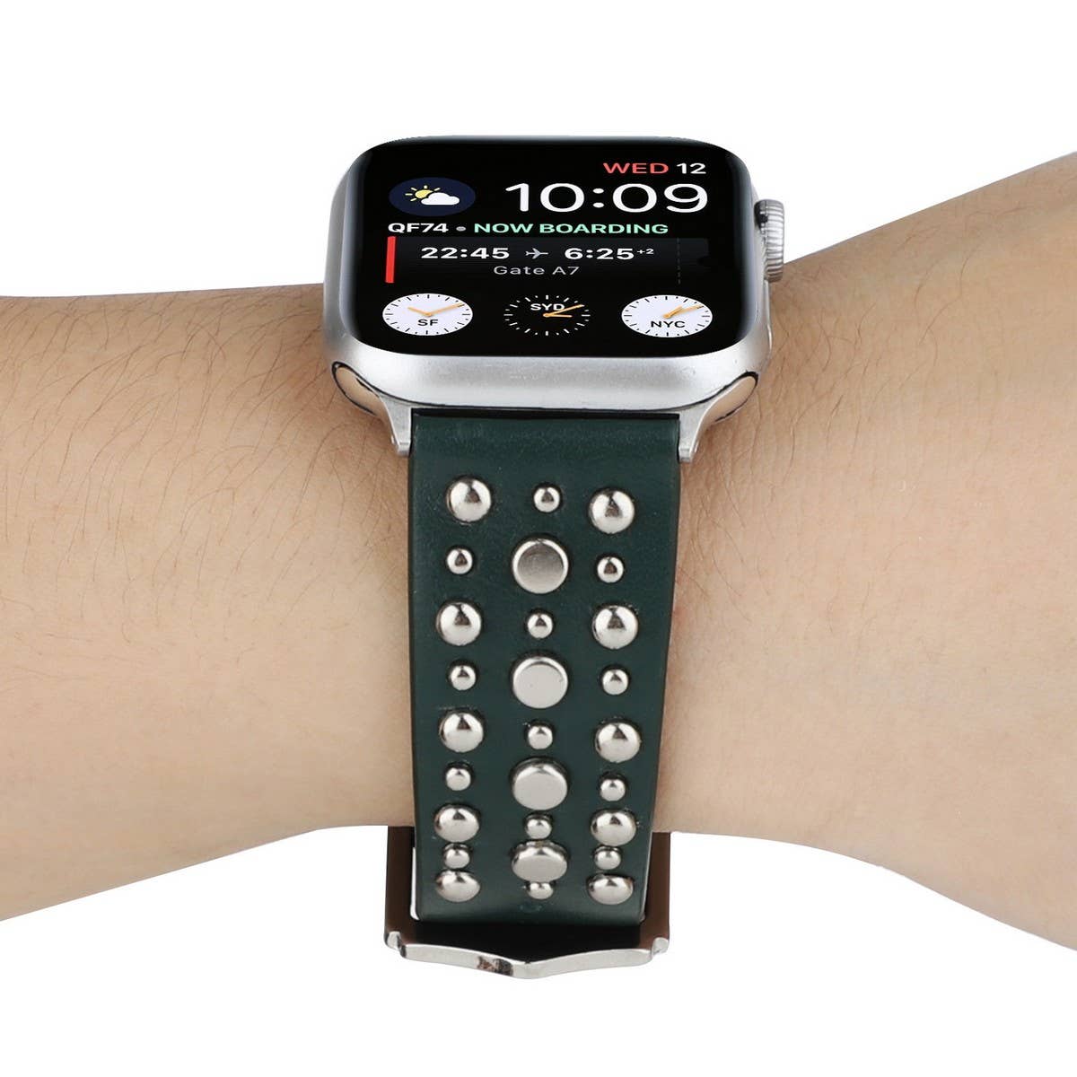 APPLE WATCH 9 SILVER RIVET LEATHER STRAP_CWASC1546
