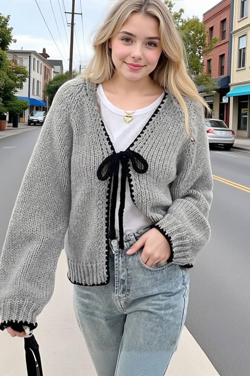 CWOCAL00698_LOOSE KNIT LONG SLEEVE BOW TIE CARDIGAN TOP