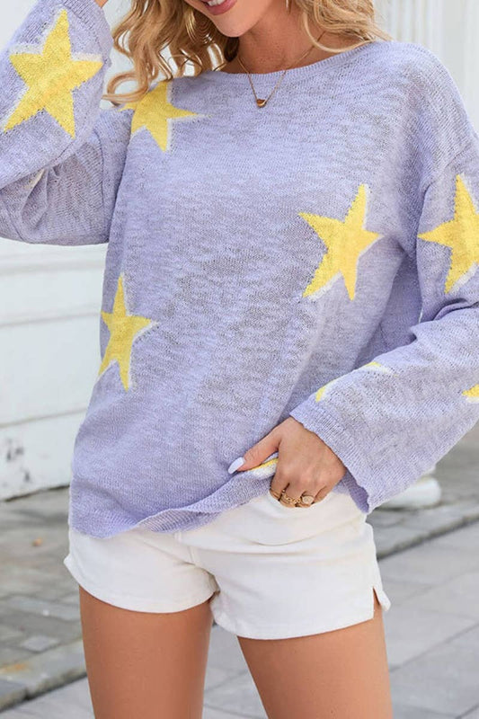 CWOSWL5205_FALL CREW NECK KNITTED STAR LONG SLEEVE SWEATER