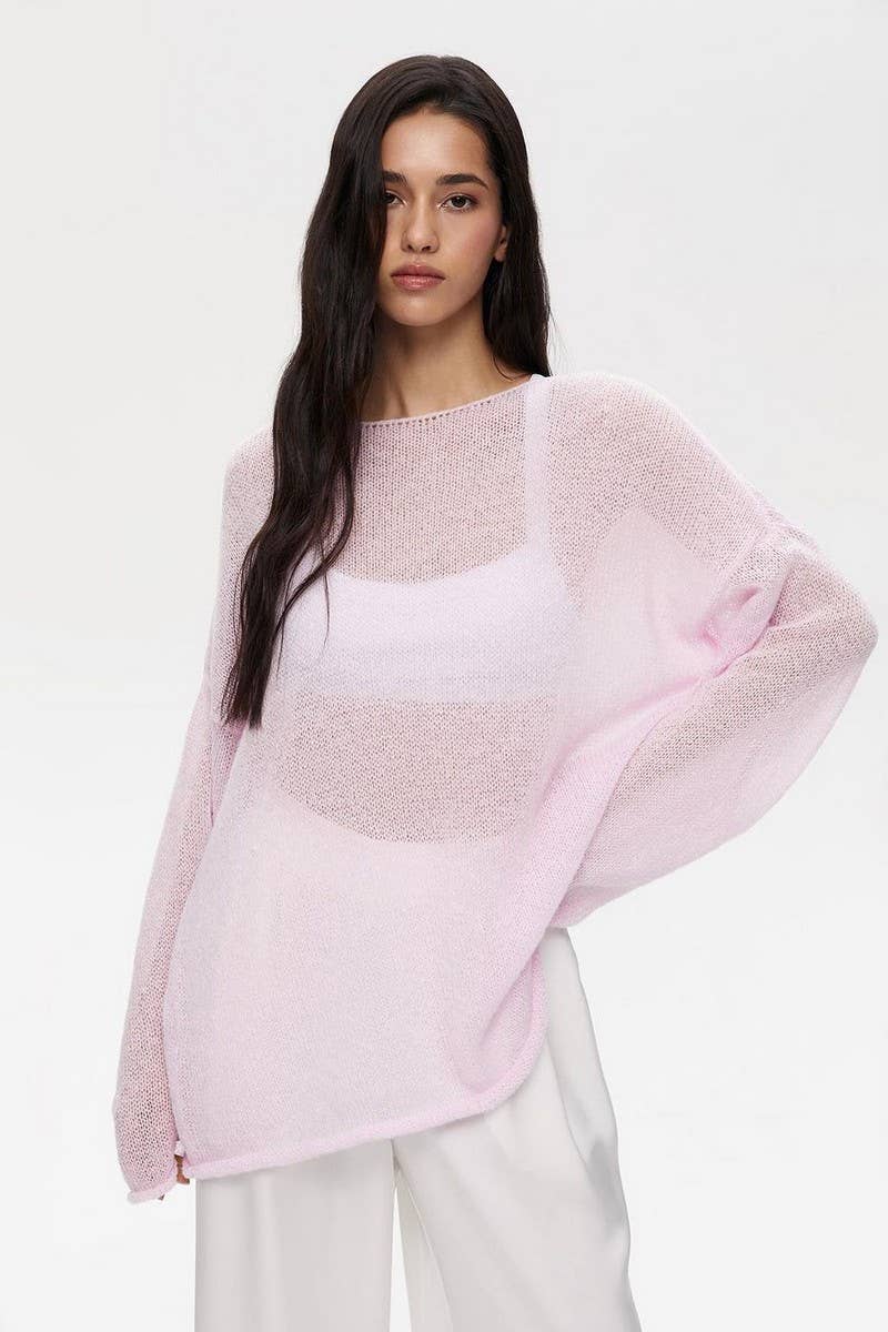 CWTBLL3453_SOLID COLOR SEE-THROUGH LONG-SLEEVED T-SHIRT