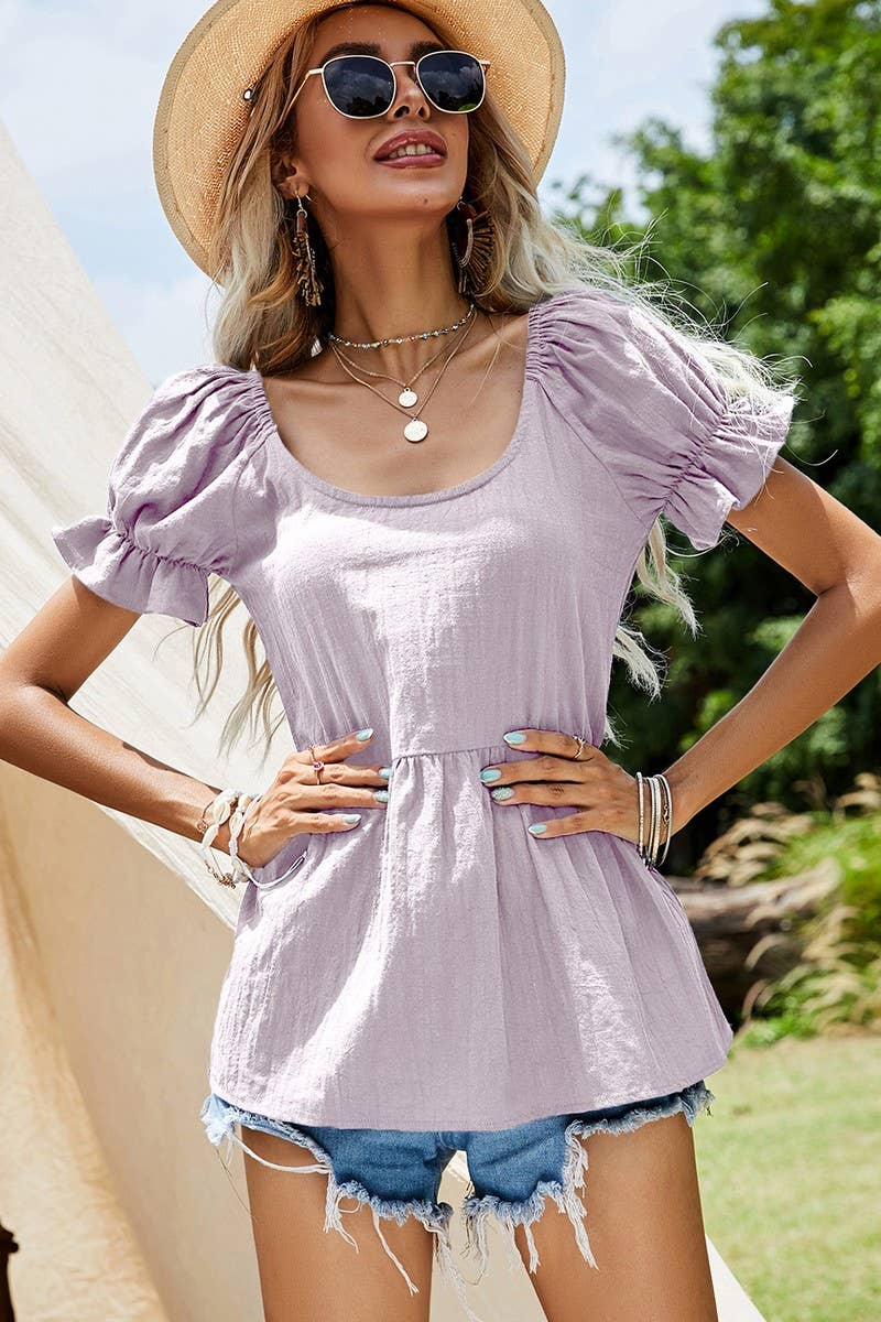 CWTBLS0362_Sweetheart Neck Short Puff Sleeve Blouse