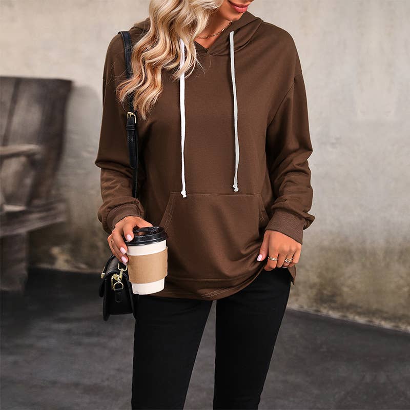 CASUAL WOMEN'S SOLID COLOR POCKET HOODIE