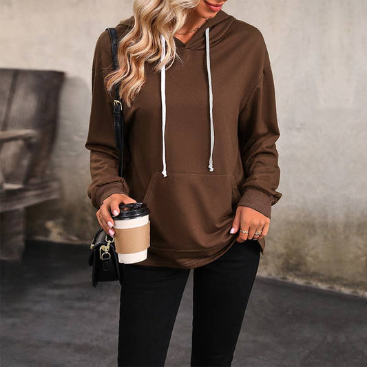CASUAL WOMEN'S SOLID COLOR POCKET HOODIE