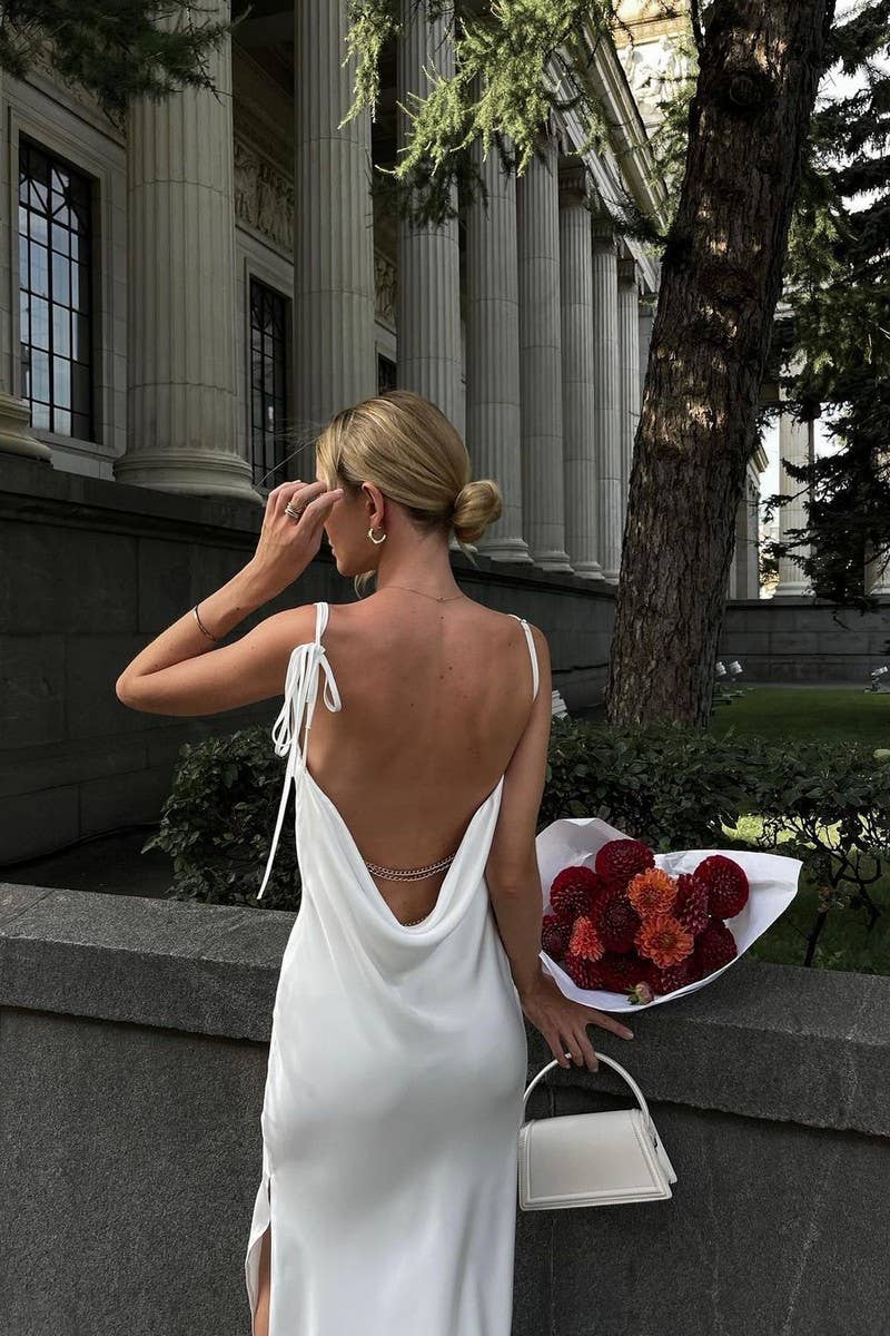 CWDMD5276_BACKLESS TIE SLIT COWL NECK CAMI DRESS