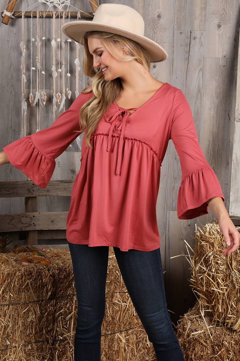 CWTTL1401_3/4 SLEEVE WITH NECK STRING DETAILED TOP