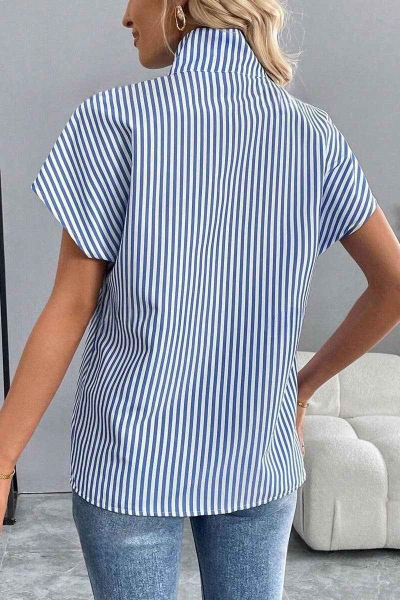 CWTBLS2232_SHORT SLEEVE HOLLOW OUT STAND COLLAR BUTTON SHIRT