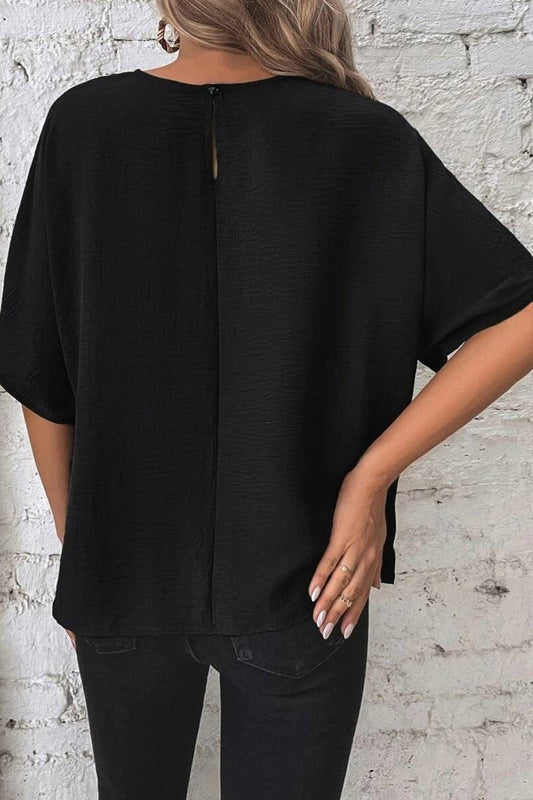 CWTBLS1135_SOLID SUMMER KNOTTED BAT SLEEVE TOP
