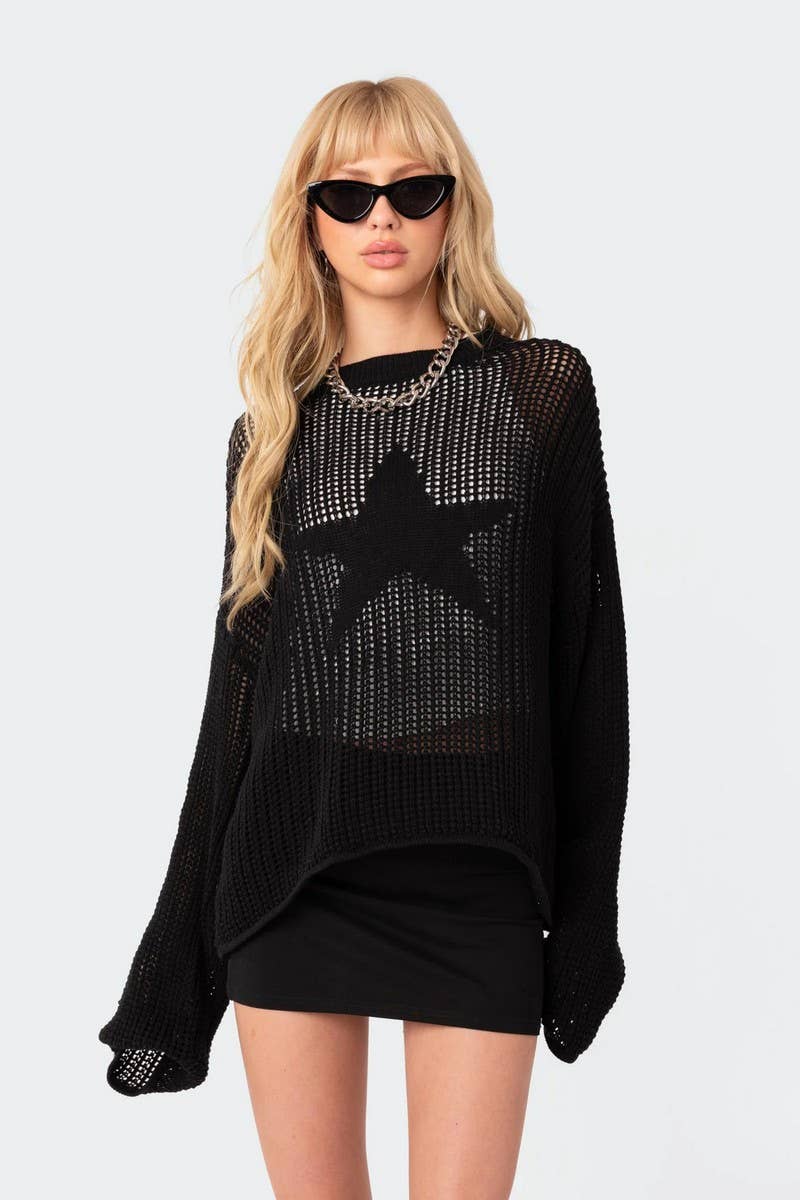 CWOSWL6269_SOLID COLOR LONG SLEEVE HOLLOW KNIT TOP