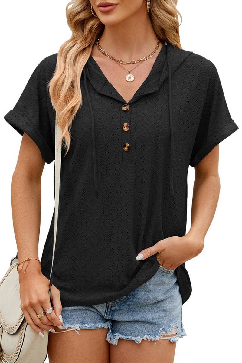 CWTTS1351_SUMMER BUTTON HOODED SHORT-SLEEVED T-SHIRT