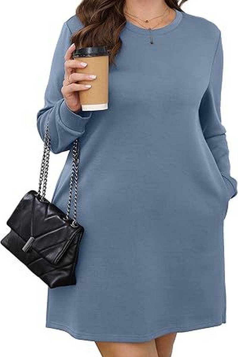 CWDSD8813_ROUND NECK POCKET LONG SLEEVE SWEATER DRESS