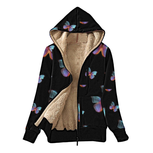 Fluffy multi-colored printed hooded and fleece jacket