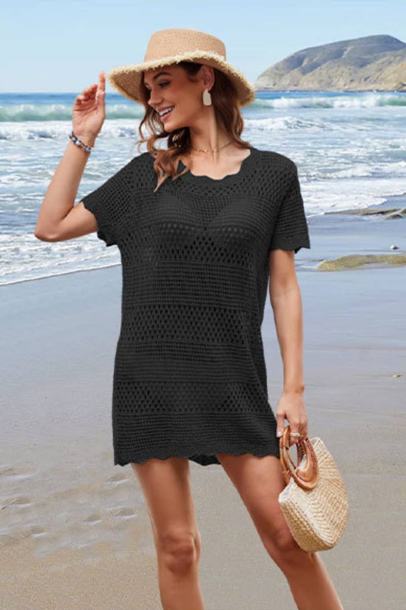 CWDSD4610_CROCHET HOLLOWED-OUT SMOCK KNIT DRESS SHORT