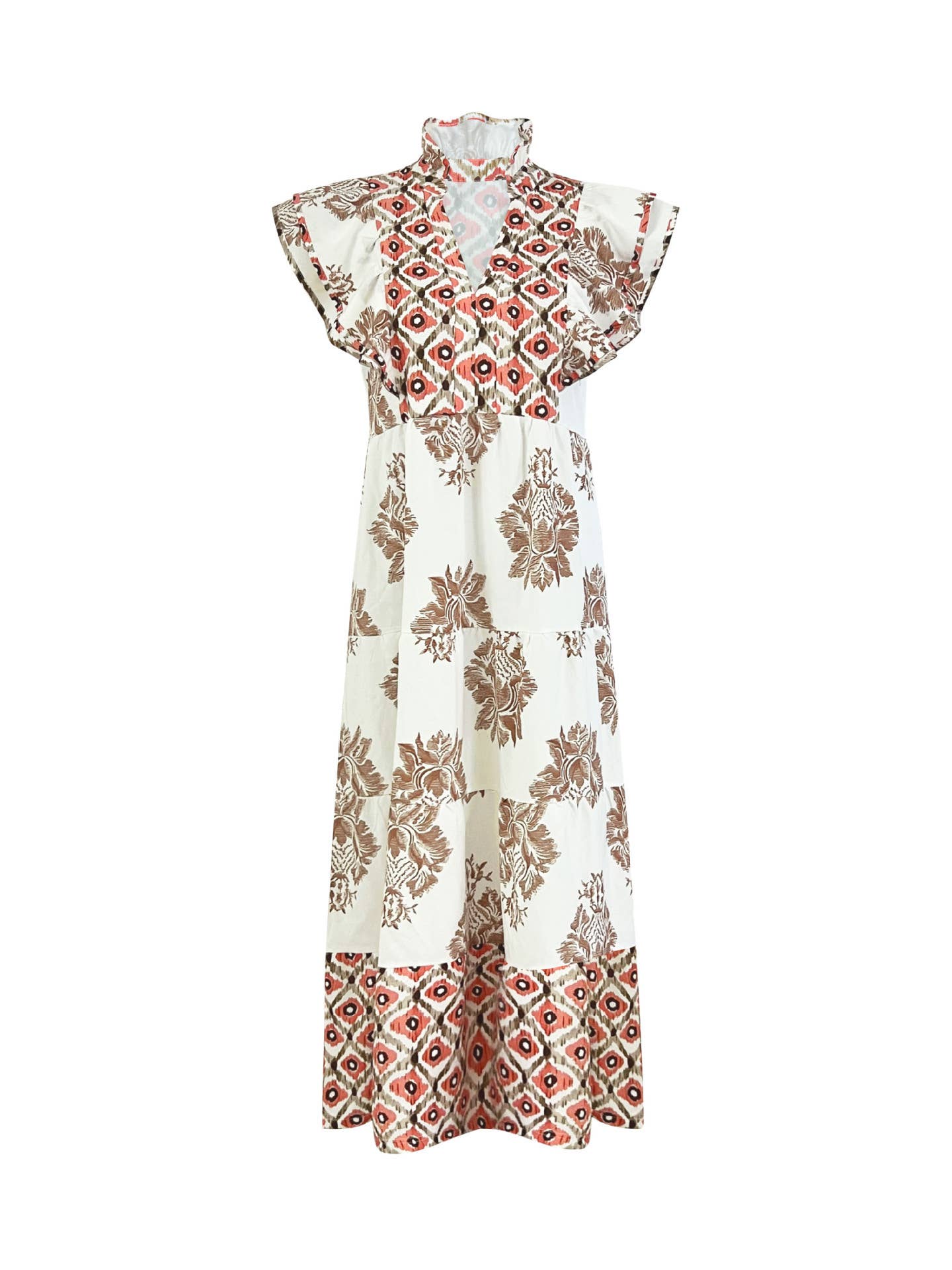 Elegant stylish printed long cinched-waist dress