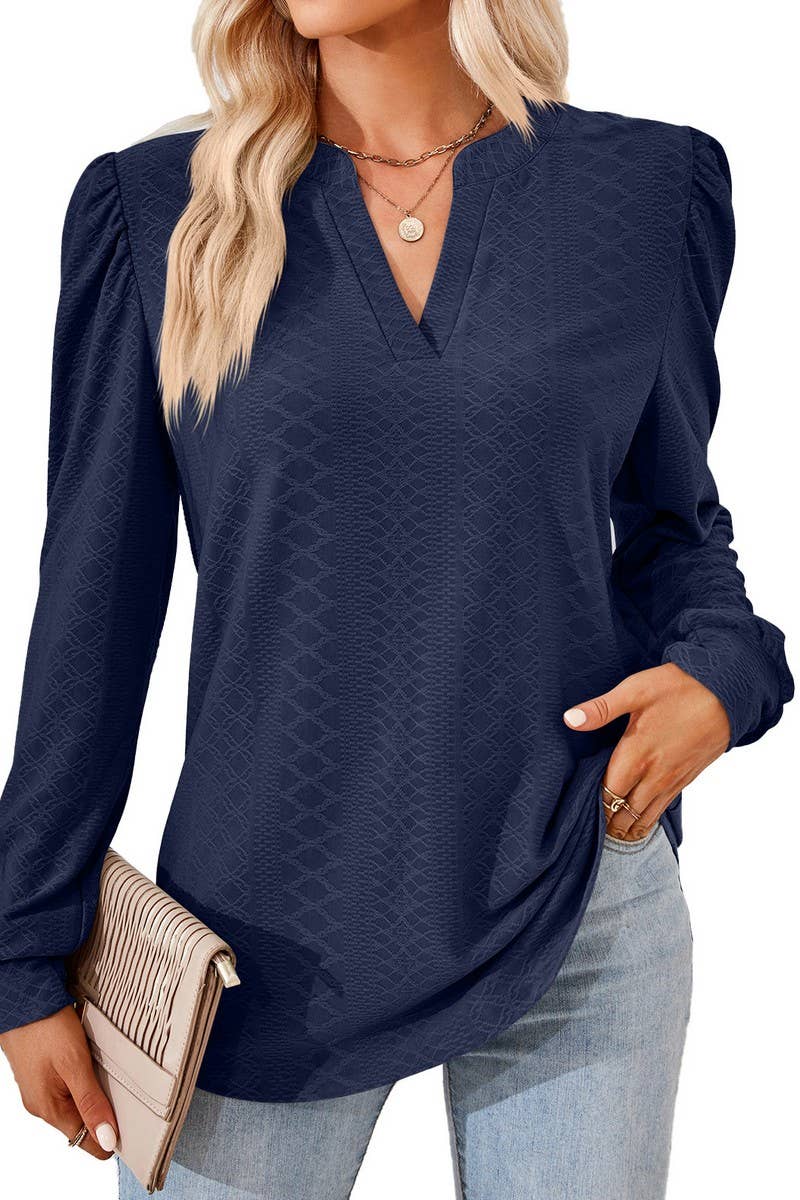 CWTBLL2374_SOLID COLOR V-NECK JACQUARD LONG-SLEEVED TOP
