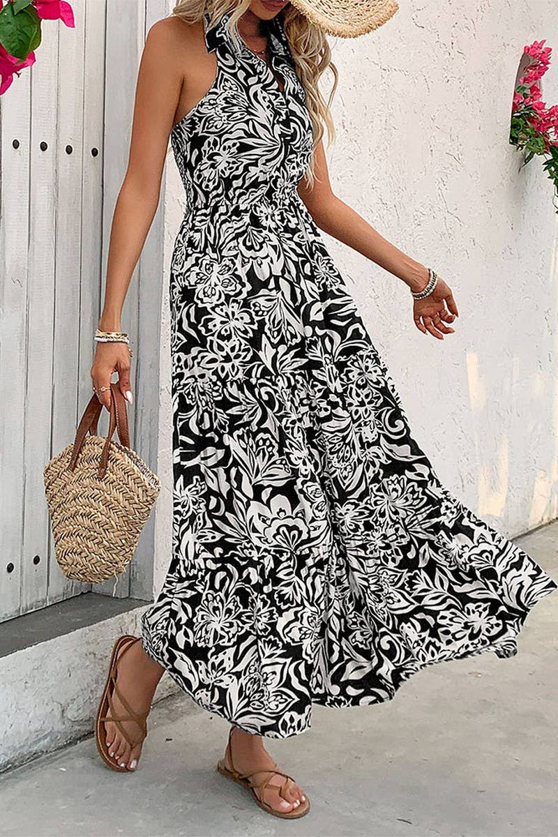CWDMD2417_HALTER NECK PRINT HIGH WAIST MAXI DRESS