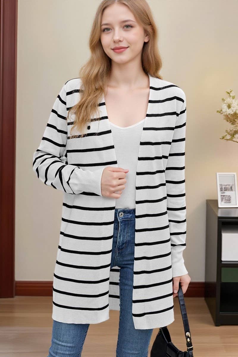 CWOCAL00840_CASUAL STRIPED MID-LENGTH KNIT CARDIGAN