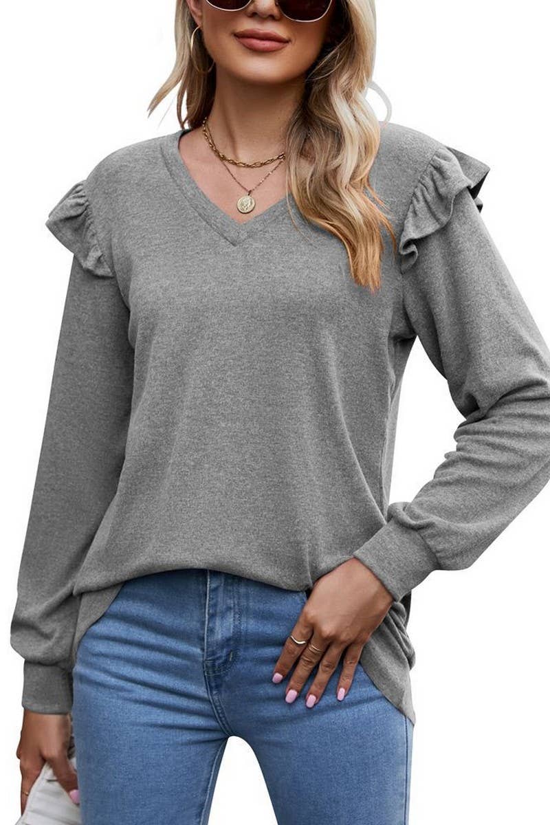 CWTTL1646_V-neck Long Sleeve Pullover Top