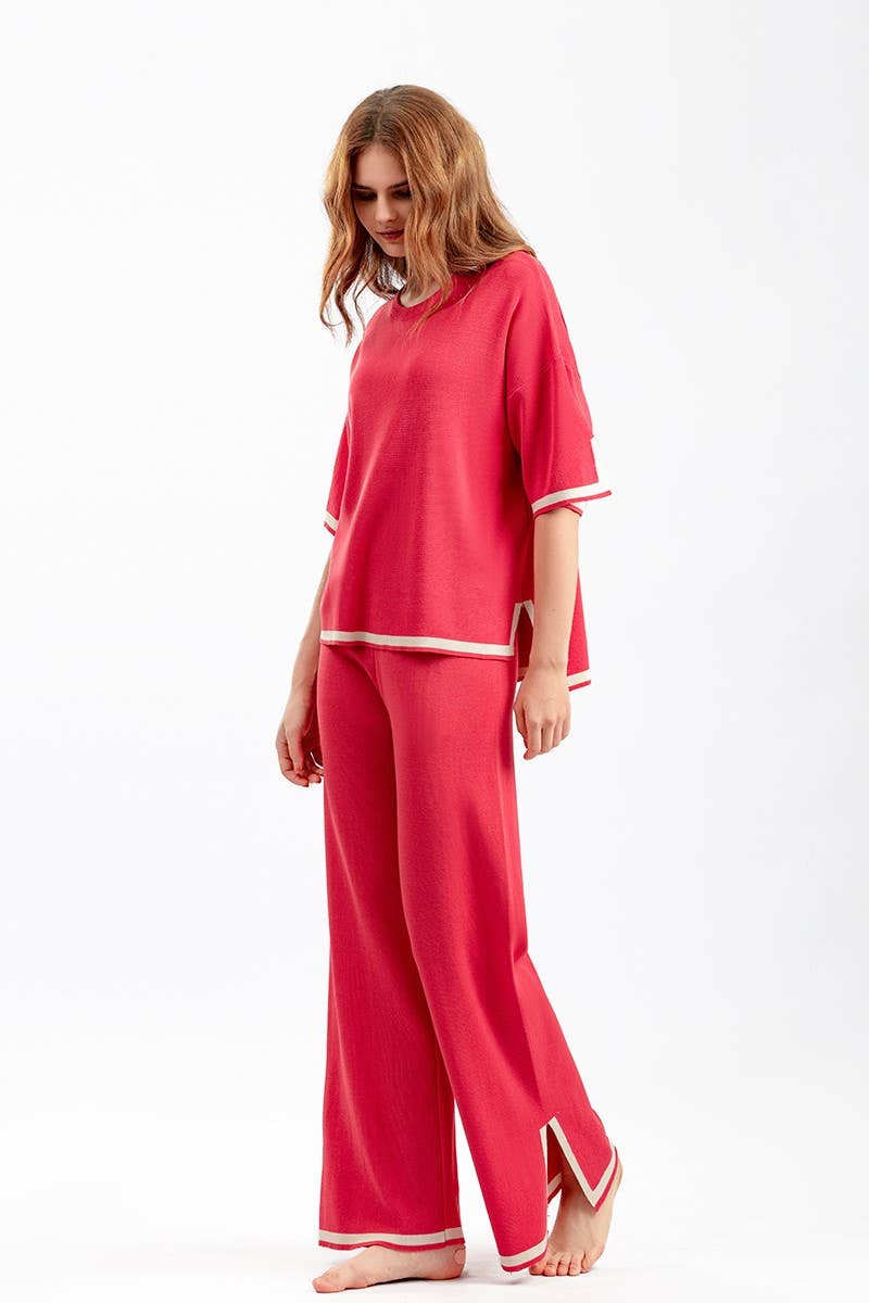 CWSTB00422_COLORBLOCK KNIT TOP & HIGH WAIST WIDE LEG SET