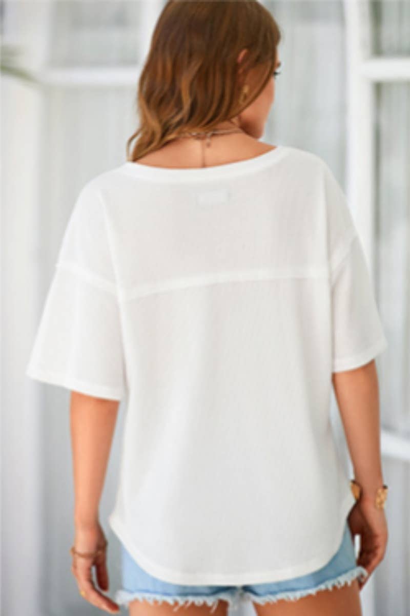 CWOSWS0099_KNIT V-NECK BAT-SLEEVED LOOSE MID-SLEEVED TOP