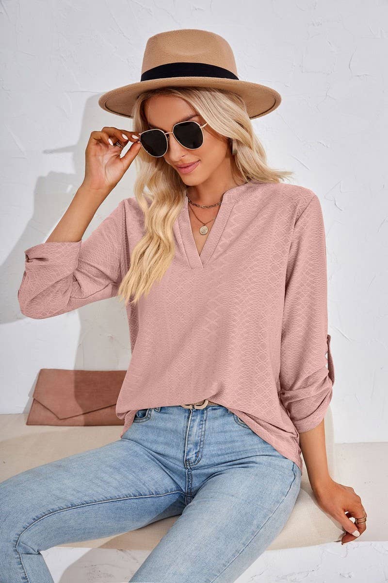 CWTSTL0856_V-neck Pullover Long Sleeve Top
