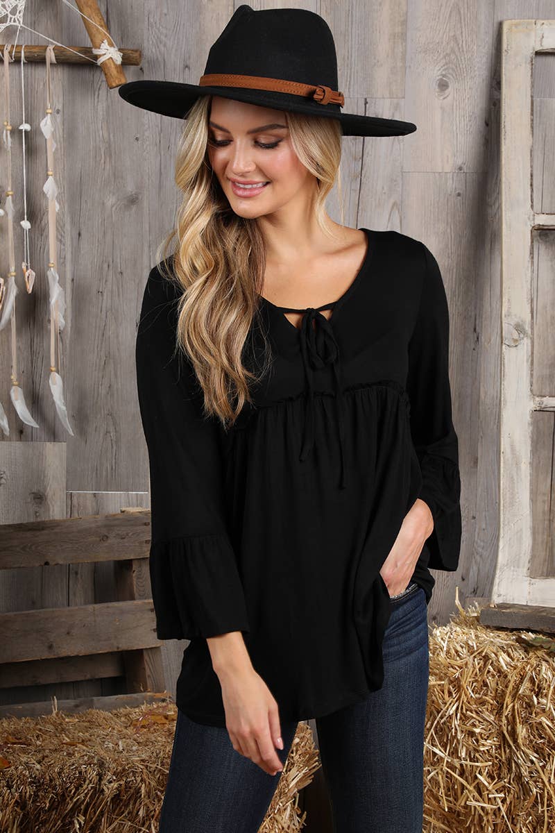 CWTTL1401_3/4 SLEEVE WITH NECK STRING DETAILED TOP