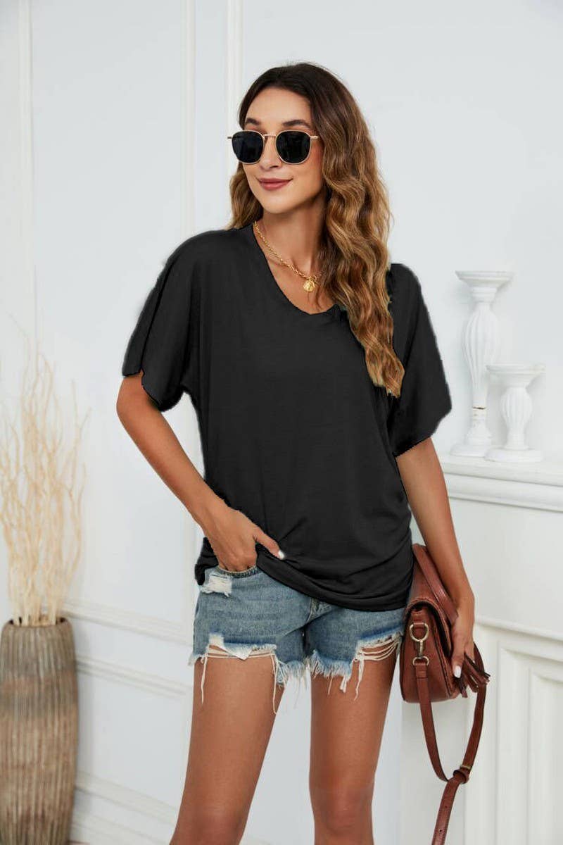 CWTTS1178_V-NECK SOLID COLOR CASUAL LOOSE TOP