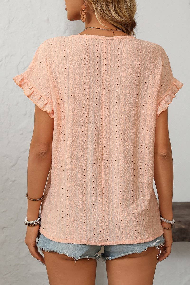 CWTBLS1710_SOLID COLOR ROUND NECK SHORT SLEEVE HOLLOW TOP