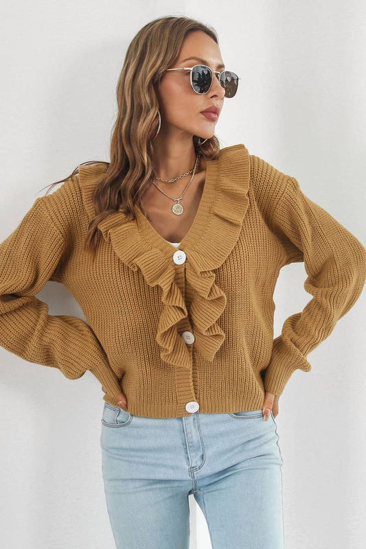 CWOCAL1160_RUFFLED LOOSE KNITTED SWEATER CARDIGAN COAT