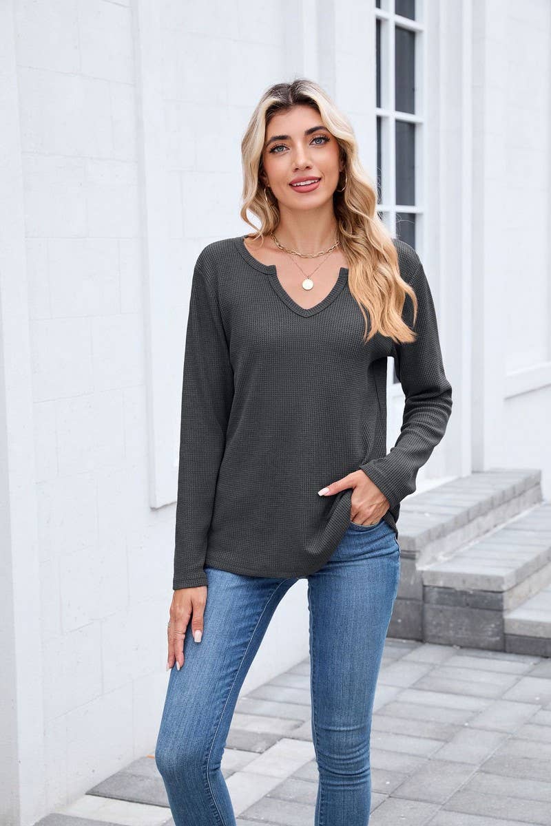 CWTBLL01294_V-NECK WAFFLE LONG-SLEEVED LOOSE T-SHIRT TOP