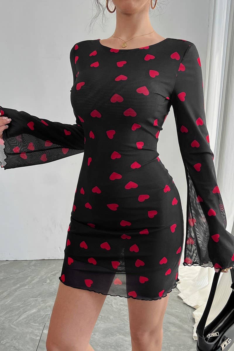 CWDSD8267_HEART PRINT BELL SLEEVE OPEN BACK MESH DRESS