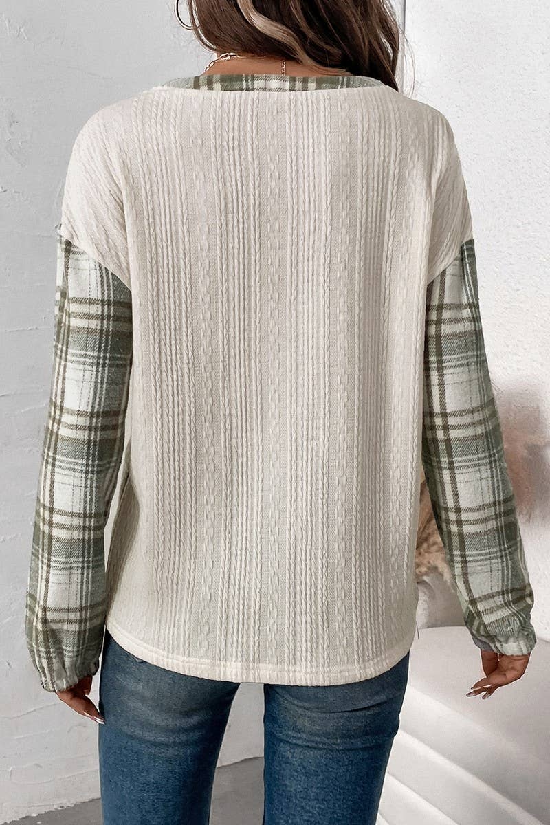 CWTBLL2029_PLAID PANEL LONG-SLEEVED ROUND NECK T-SHIRT