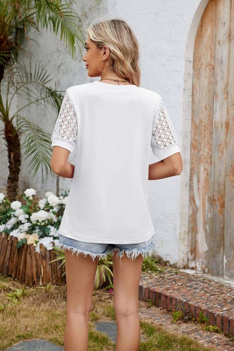CWTBLS1726_SOLID COLOR ROUND NECK LACE SLEEVE T-SHIRT TOP