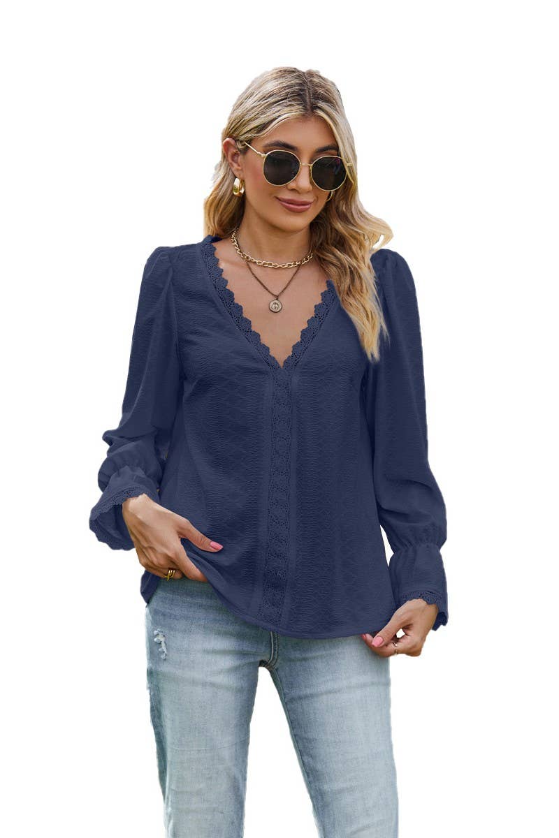 CWTBLL3685_PULLOVER V-NECK LACE LONG-SLEEVED T-SHIRT