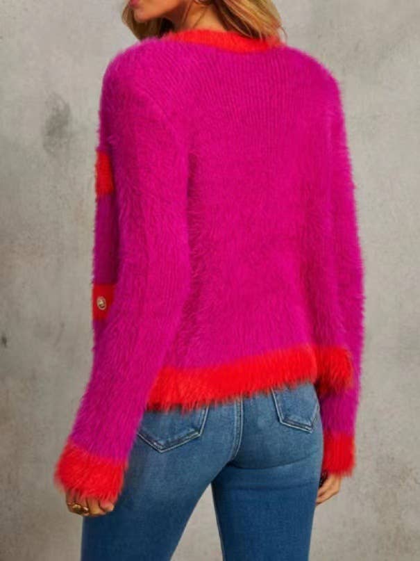 BRIGHT CONTRAST COLOR BUTTONLESS PLUSH CARDIGAN