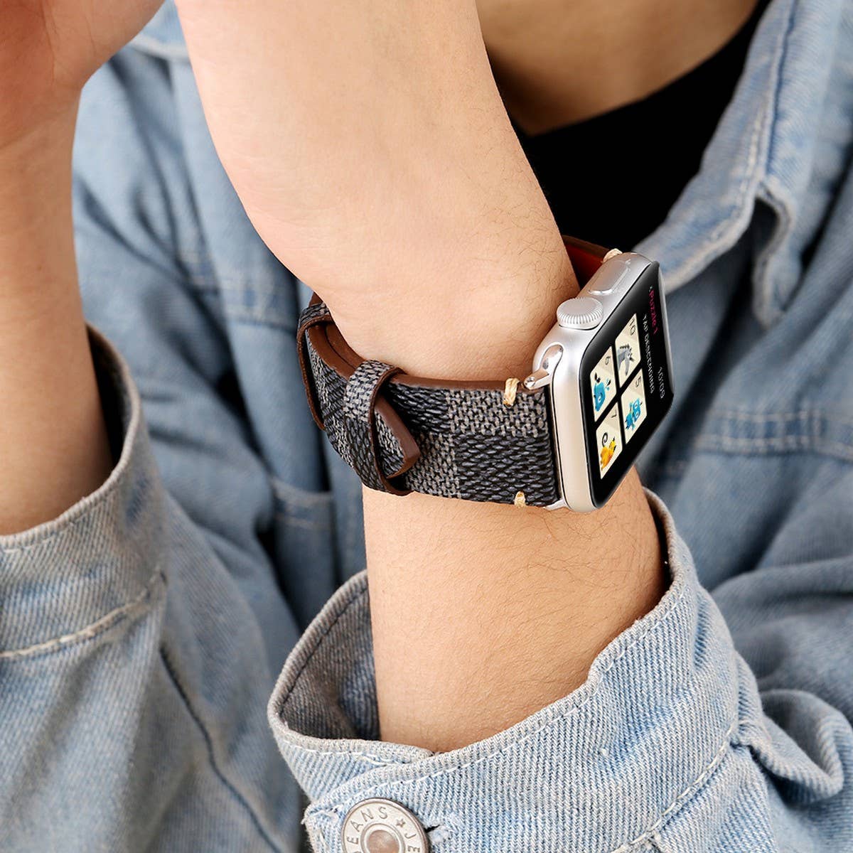APPLE WATCH9 STYLISH PLAID LEATHER STRAP_CWASC1579