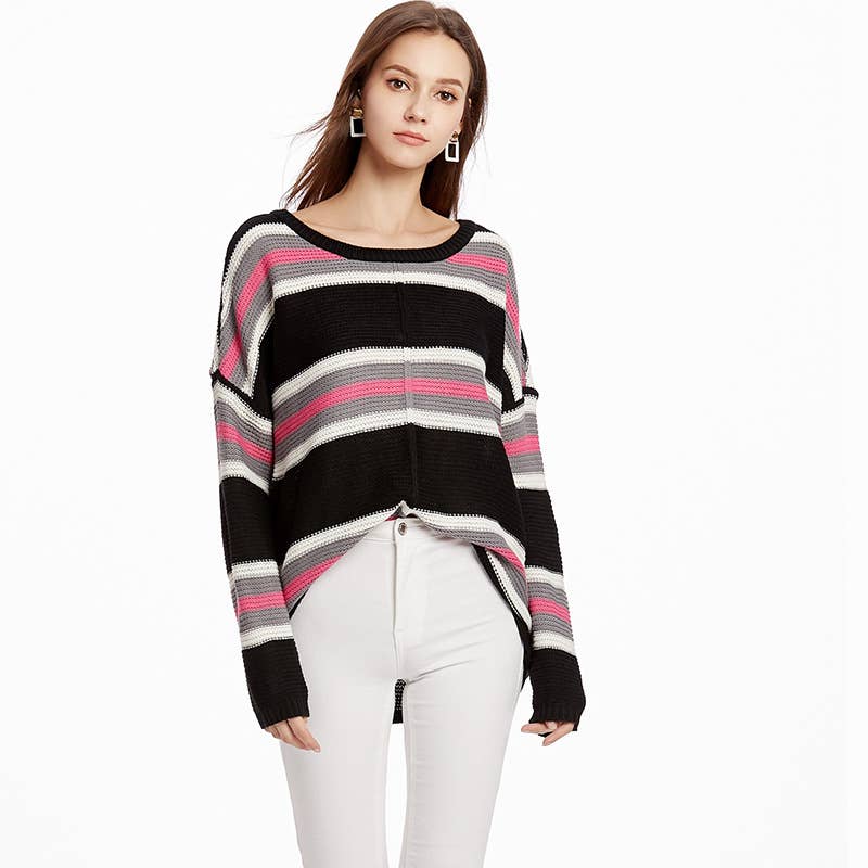 CREW NECK LOOSE STRIPED PULLOVER SWEATER