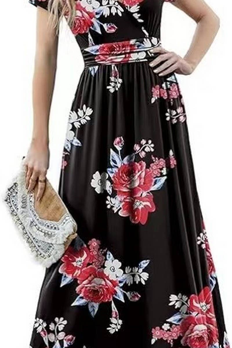 CWDMD01025_PRINTED V-NECK SHORT-SLEEVED POCKET DRESS