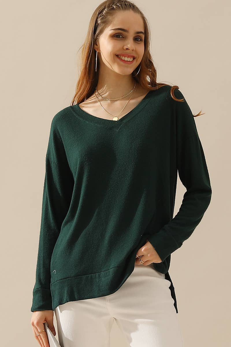 CWTTL1408_Long Sleeve Loose V-Neck Pullover Top