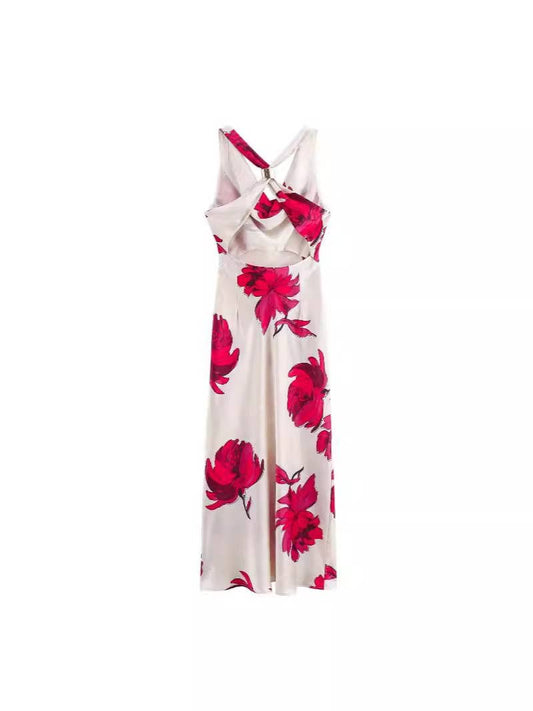 FLORAL PRINT SILK SATIN TEXTURE DRESS