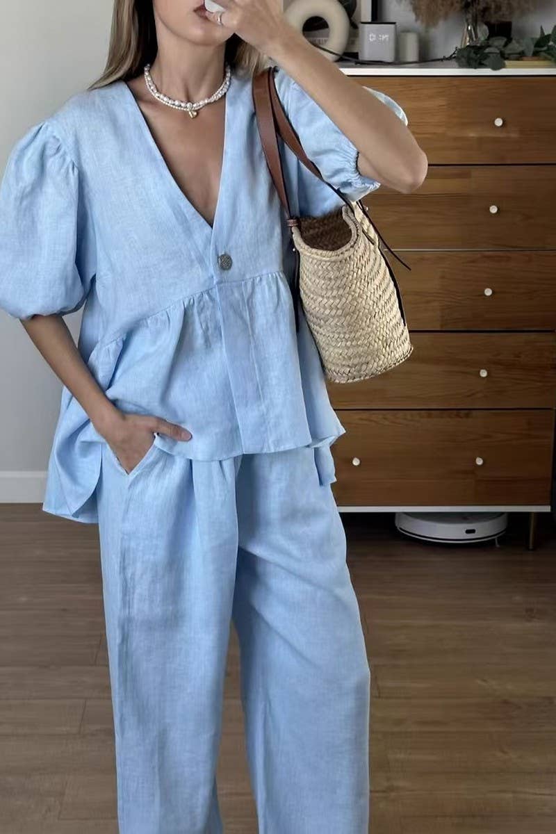 CWSTB00376_V-NECK PUFF SHORT-SLEEVED LACE-UP TROUSERS SUIT