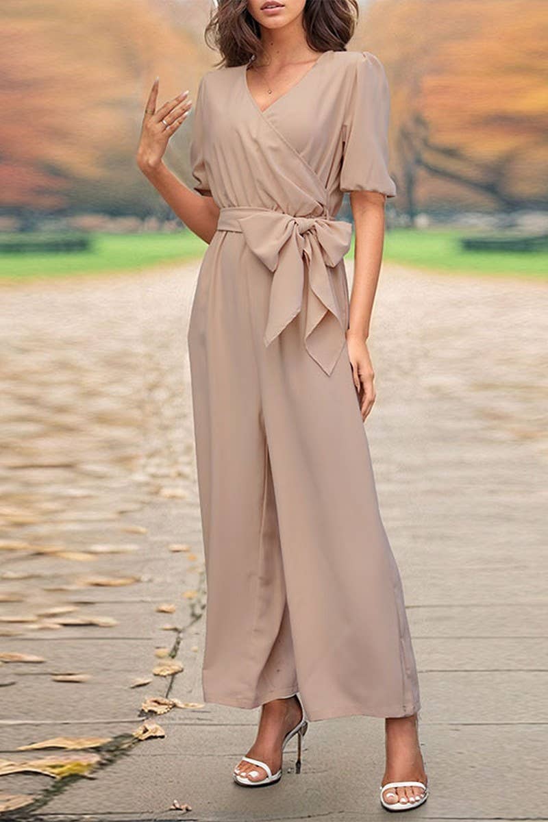 CWSJS0874_SOLID COLOR V-NECK TIE WIDE-LEG JUMPSUIT