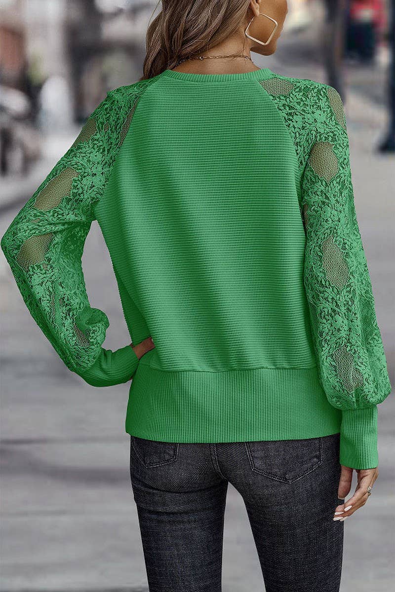 CWTBLL3754_V-NECK LACE KNITTED LOOSE LONG-SLEEVED TOP